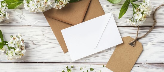 Aufkleber - White wooden background showcasing an envelope with a blank card tag and flowers creating a harmonious copy space image