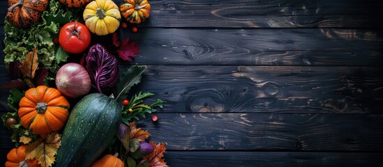 Poster - Fresh autumn seasonal vegetables on a dark wooden background with copy space image Depicting healthy food vegetarianism and clean eating capturing the essence of harvest gardening and Thanksgiving da
