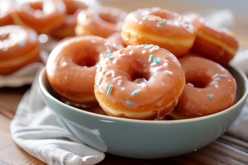 Wall Mural - Several donuts with pink frosting and sprinkles are piled in a blue bowl on a table