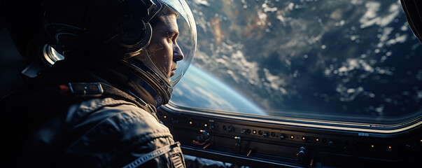 Astronaut gazing out of spacecraft window at Earth during a deep space mission, reflecting on the cosmos beyond