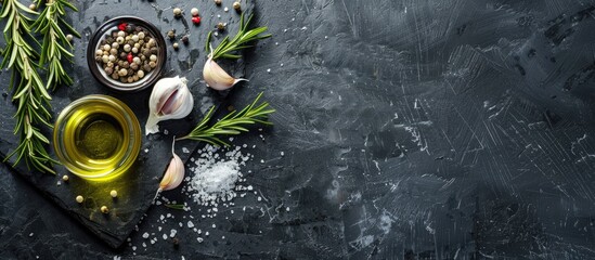 Poster - Top view of rosemary garlic salt pepper and olive oil on black stone with ample copy space image