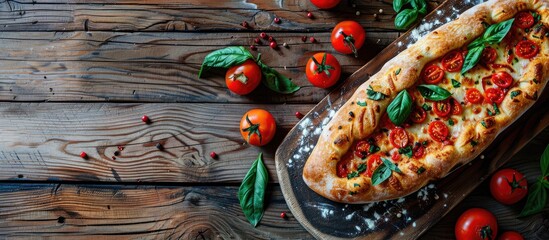 Aufkleber - Georgian Khachapuri with tomatoes and paprika displayed from a top view on a wooden background with copy space image