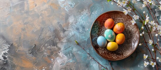 Aufkleber - Easter concept with colorful eggs on a textured plate against a rustic background accompanied by a spring bouquet Close up festive display with copy space image