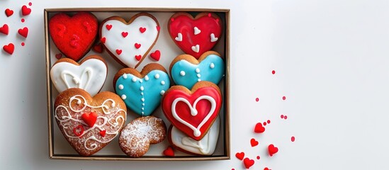 Aufkleber - Heart shaped cookies with colorful decorations arranged in a box on a white backdrop providing ample copy space image
