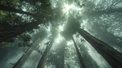 Sticker - araffe view of a forest with tall trees and fog