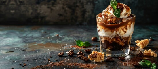 Aufkleber - Trendy mushroom Chaga coffee superfood arrangement on a dark background with mint featuring a delicious ice cream topped with coffee and caramel with copy space image
