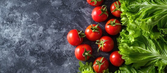 Aufkleber - Overhead view of fresh cherry tomatoes and lettuce symbolizing nutritional benefits with space for text or images. Creative banner. Copyspace image
