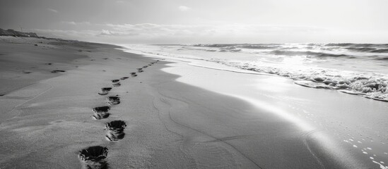 Poster - Monochrome image of human footprints on a sandy beach by the sea coast symbolizing vacation travel and summer with empty space for text. Creative banner. Copyspace image