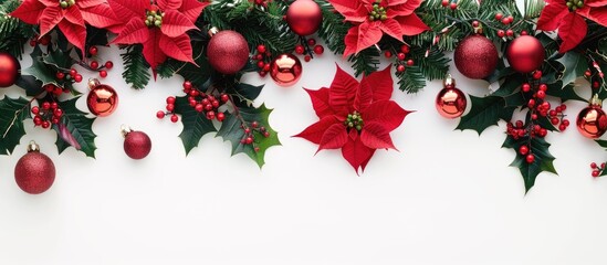 Poster - Festive border featuring poinsettias and holiday ornaments set against a white backdrop designed for adding text in a copy space image