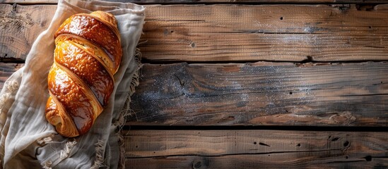 Aufkleber - Freshly baked sweet brioche pastry on a rustic table with a top view perfect for a delightful meal or snack and ideal as a copy space image