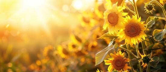 Wall Mural - sunflowers in bloom during sunset with a blank space for adding text or images. creative banner. cop