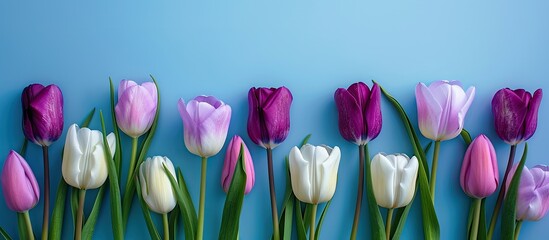 Poster - Violet and white tulips arranged on a blue backdrop in classic blue color copy space image