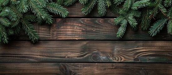 Fototapete - Rustic Christmas wooden background featuring a fir tree with copy space image for Xmas or New Year greetings adorned with green pine branches ideal for holiday frames in flat lay top view