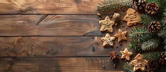 Fototapete - Rustic wooden backdrop for a holiday cookie with copy space image