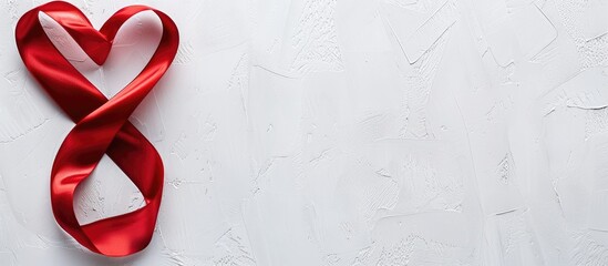 Leinwandbilder - Top view of an isolated red heart ribbon sign symbol decorated on a white table background with copy space image