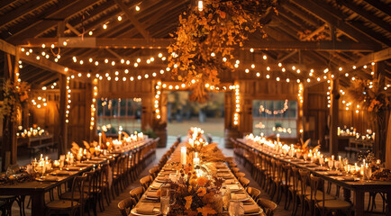 Wall Mural - A wedding in a rustic barn, decorated with autumn leaves, candles, and warm lights. Generative AI.