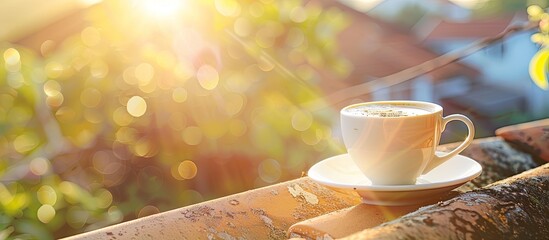 Aufkleber - White coffee cup on saucer with hot drink atop a residential building s roof beam in morning sunlight creating a fresh summer look with blurred background perfect for a copy space image