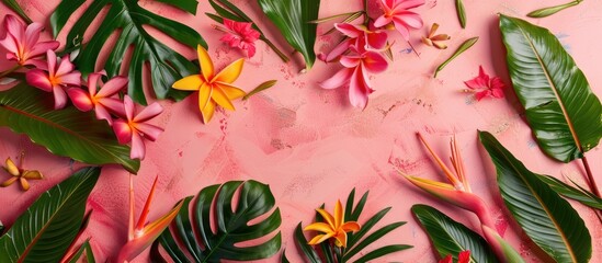 Poster - A vibrant flat lay design featuring heliconia flowers and leaves on a pink vintage backdrop ideal for a web banner with copy space image