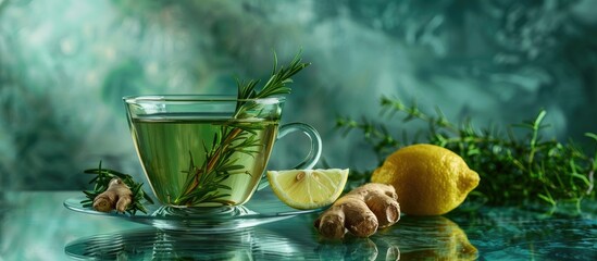 Aufkleber - Glass cup with green tea lemon ginger and rosemary on a glass table incorporating copy space image is possible