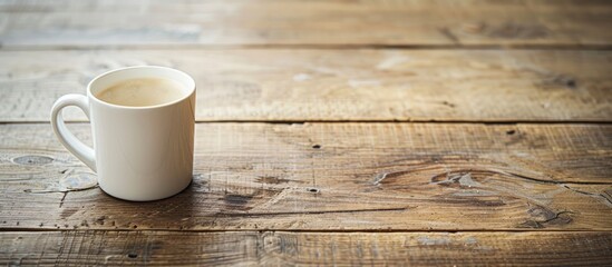 Poster - An empty white latte coffee cup on a wooden table with copy space image