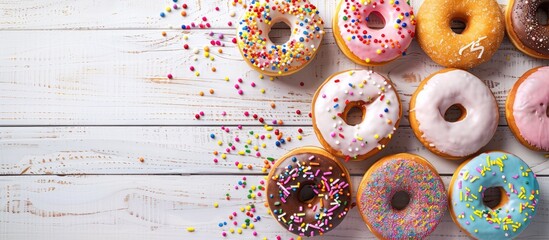 Poster - A variety of vibrant donuts displayed on a white wooden surface with icing and sprinkles some frosted with ample copy space in the top view image