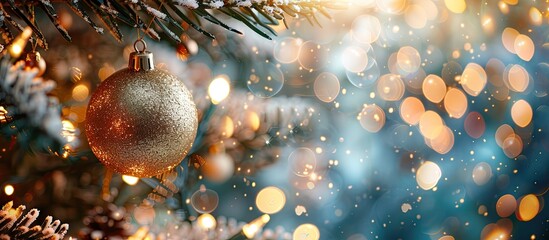Aufkleber - Festive holiday background with a golden bauble hanging from a decorated tree creating a Merry Christmas and Happy New Year concept with bokeh copy space image included