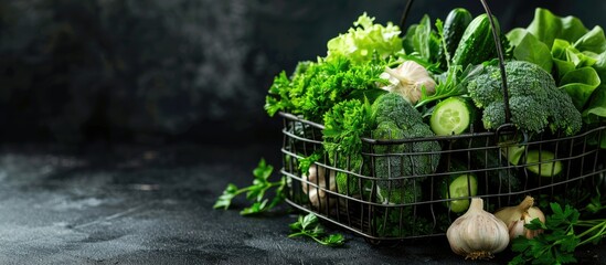 Poster - A metal basket filled with a variety of green vegetables like spinach cucumber broccoli garlic parsley lettuce and onions set on a black background with space for additional images