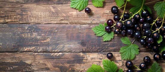 Aufkleber - Wooden rustic table with ripe blackcurrants leaves and a clear area for text ideal for a copy space image