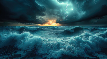 Canvas Print - Stormy sea, dramatic clouds, crashing waves, lightning, dark atmosphere, clean and minimal. Generative AI.