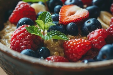 Sticker - Oatmeal porridge with fresh raspberries, blueberries, strawberries and mint for healthy breakfast