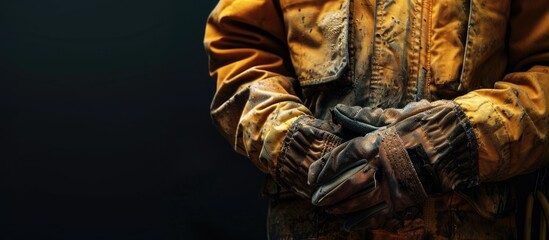 Poster - A worker in unique attire and gloves on a dark background in a horizontal banner with copy space image