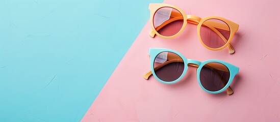 Poster - Fashionable summer theme with trendy sunglasses displayed in a flat lay style on pastel backgrounds is depicted in the copy space image