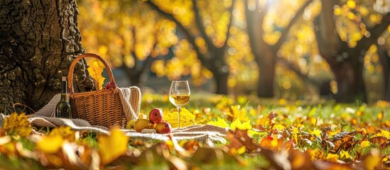 Aufkleber - A warm autumn picnic setting with a basket blanket wine glasses and yellow leaves by a tree on a sunny day in the park offering a serene view with available copy space image