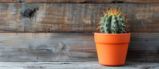 Poster - Round cactus in an orange pot against a wooden wall with a copy space image