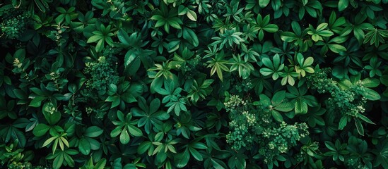 Leinwandbilder - Overhead view of lush dark green foliage on a nature themed background suitable for adding text or images. Creative banner. Copyspace image