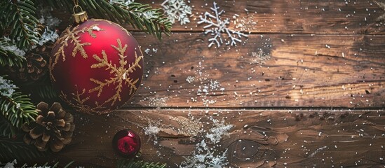 Fototapete - Festive Christmas ornament displayed on a rustic wooden background with delicate snowflakes accompanied by a cheerful greeting card for a Merry Christmas and Happy New Year creating a cozy atmosphere