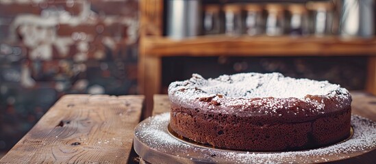 Poster - Rustic chocolate cake topped with powdered sugar displayed on a wooden table with copy space image