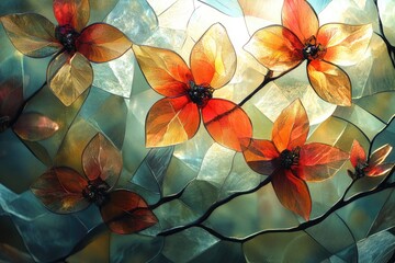 Poster - Stained Glass Floral Pattern with Red, Orange, and Yellow Hues