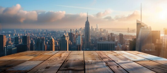 Fototapete - Wooden table with cityscape view in the background offering space for displaying products or objects in an advertisement concept is a copy space image