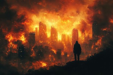 apocalyptic urban landscape engulfed in flames silhouette of lone figure against backdrop of crumbli