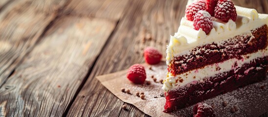 Poster - Tasty cake on a wooden backdrop with copy space image