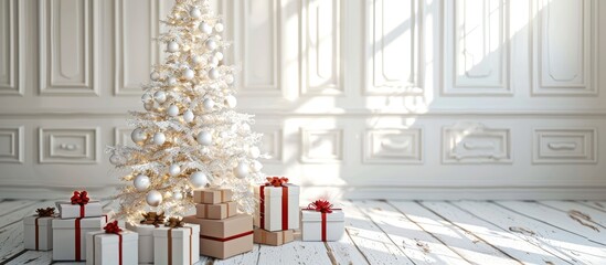 Aufkleber - Room decorated with a white Christmas tree surrounded by presents creating a festive ambiance with copy space image
