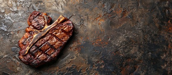 Poster - Top down view of a T bone steak on a stone surface providing ample copy space in the image