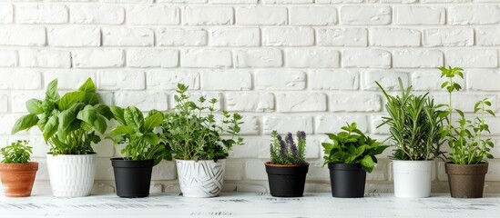 Poster - Various fragrant potted herbs displayed indoors against a white brick wall with copy space image available