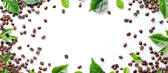 Wall Mural - Summer themed frame with coffee beans and tea leaves on a white background offering copy space image from a top down perspective