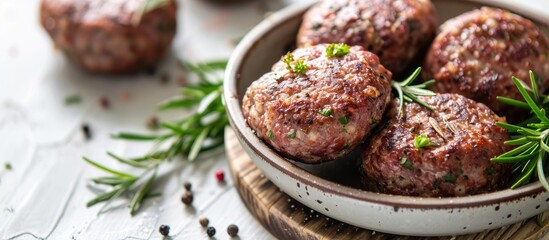 Wall Mural - Homemade meat cutlets with mixed mince in a ceramic bowl on a white table creating a warm and inviting copy space image