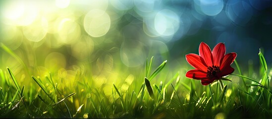 Leinwandbilder - Lovely backdrop for spring with gentle hues and a vibrant red flower as the focal point in a copy space image