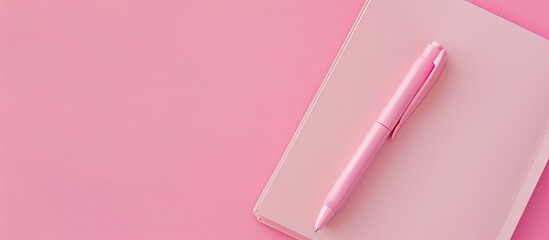 Poster - Pink background with copy space for text featuring a pen and a notebook