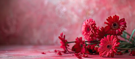 Poster - Valentine s Day background featuring vibrant red flowers on a wooden floor against a soft pink backdrop perfect for a copy space image