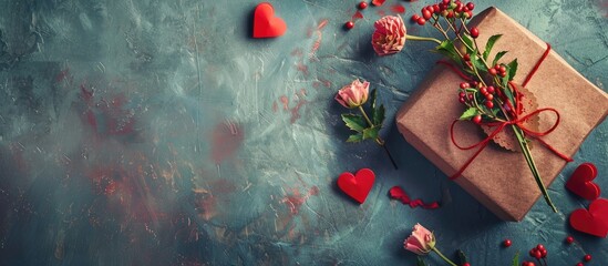Leinwandbilder - Valentine s Day concept shown in a top view photograph featuring a gift box with lovely flowers and a romantic message with space for text. Creative banner. Copyspace image